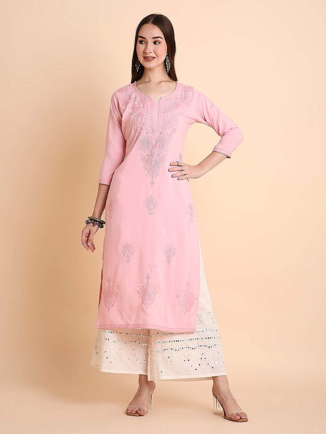 RATAN Women's Rayon Straight Lucknowi Chikankari Ethnic Wear Kurta