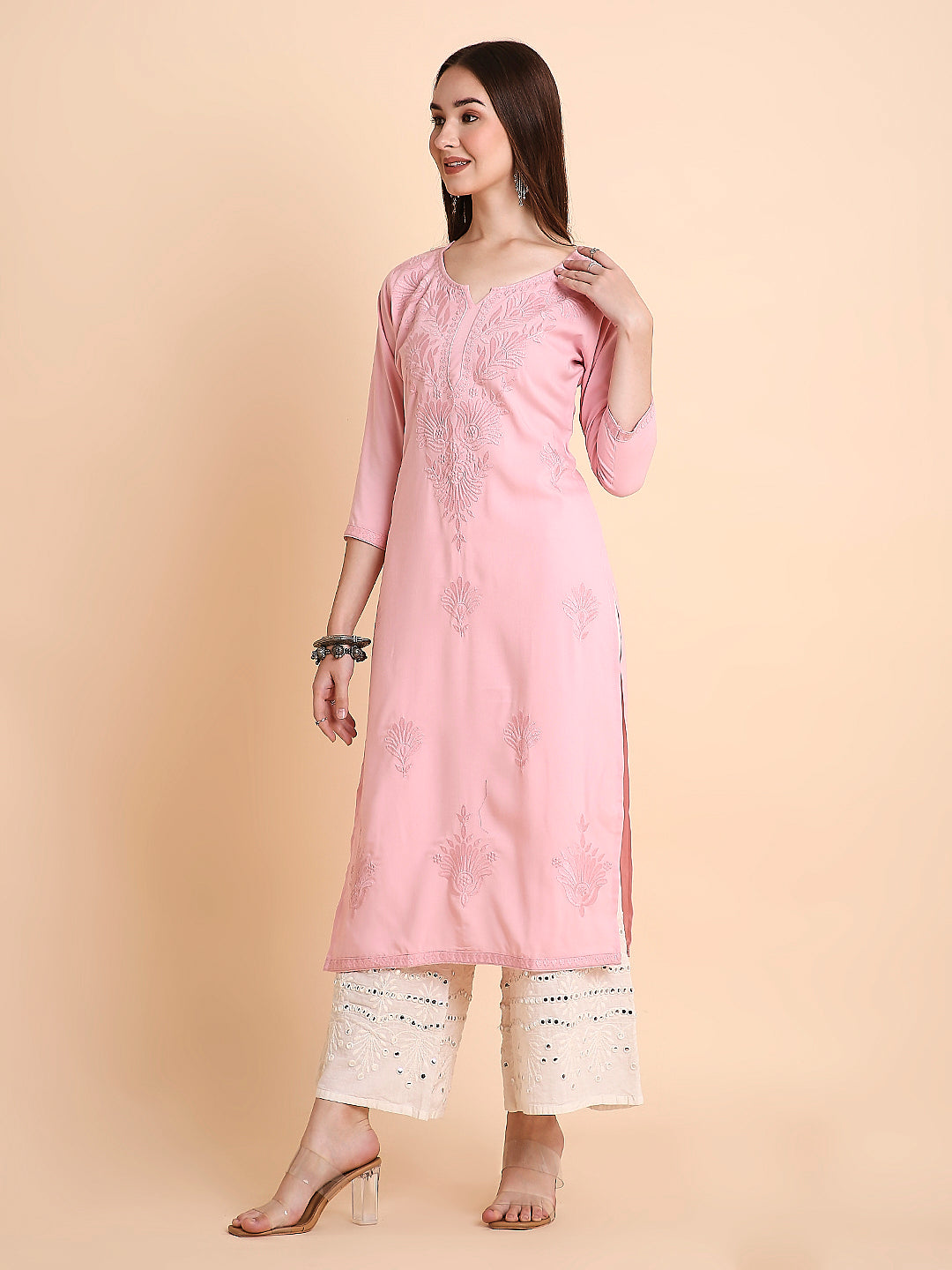 RATAN Women's Rayon Straight Lucknowi Chikankari Ethnic Wear Kurta