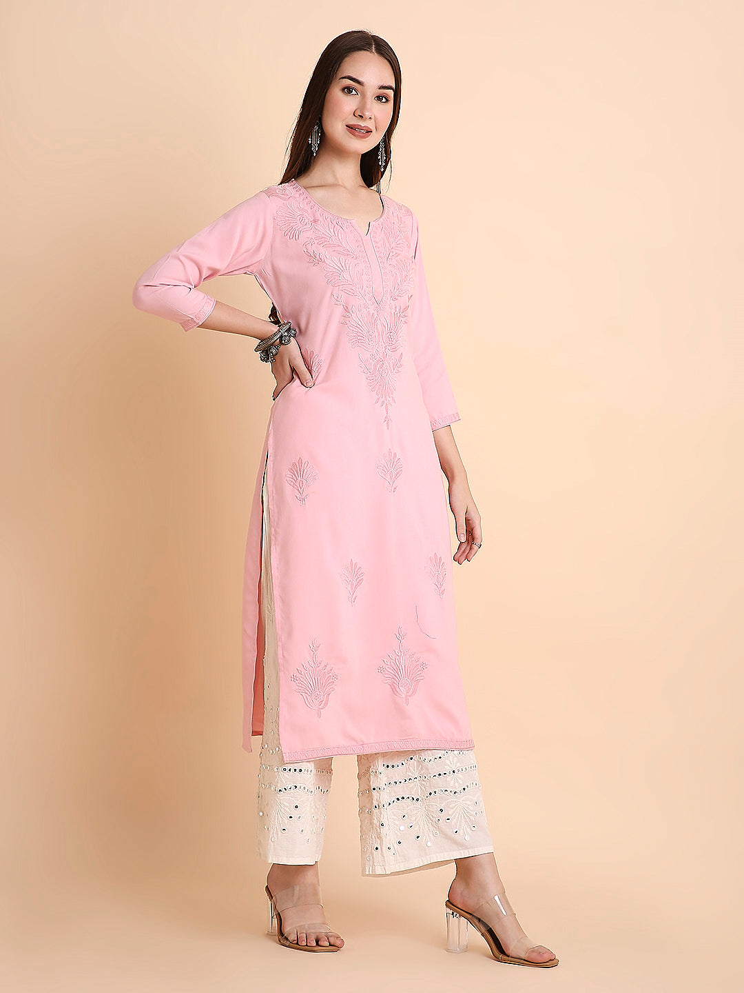 RATAN Women's Rayon Straight Lucknowi Chikankari Ethnic Wear Kurta