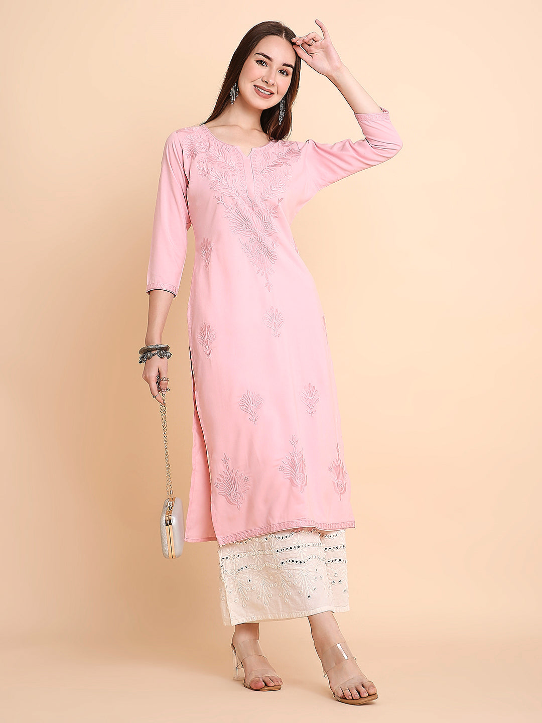 Rayon Straight Lucknowi Chikankari Ethnic Wear Kurta