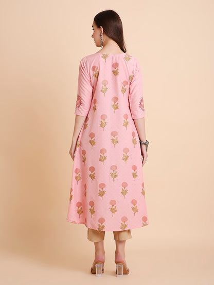 RATAN Women's Floral Printed Mirror Embroidery Rayon Ethnicwear Kurta