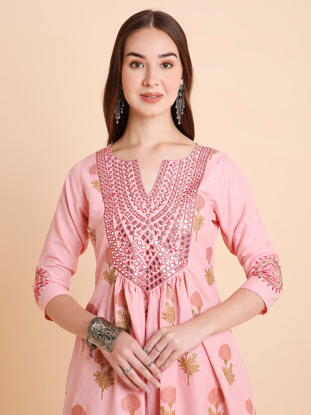 Women's Floral Printed Mirror Embroidery Rayon Ethnicwear Kurta