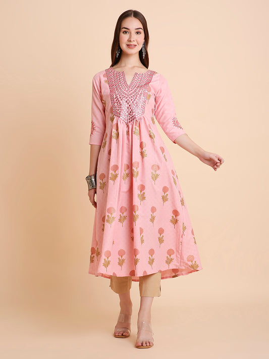 RATAN Women's Floral Printed Mirror Embroidery Rayon Ethnicwear Kurta