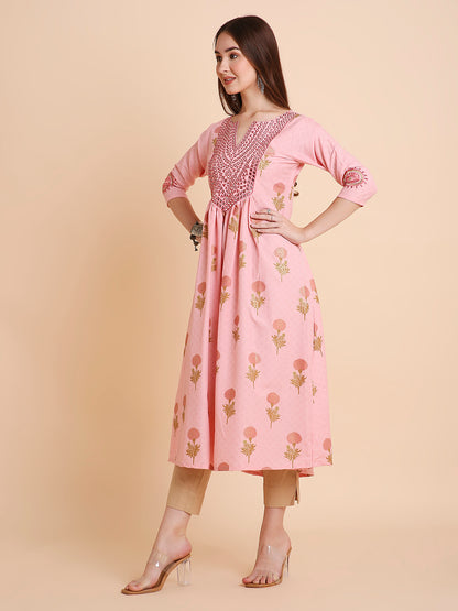 RATAN Women's Floral Printed Mirror Embroidery Rayon Ethnicwear Kurta