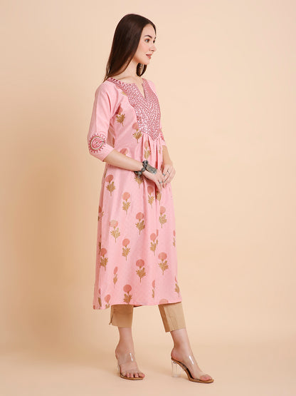 RATAN Women's Floral Printed Mirror Embroidery Rayon Ethnicwear Kurta