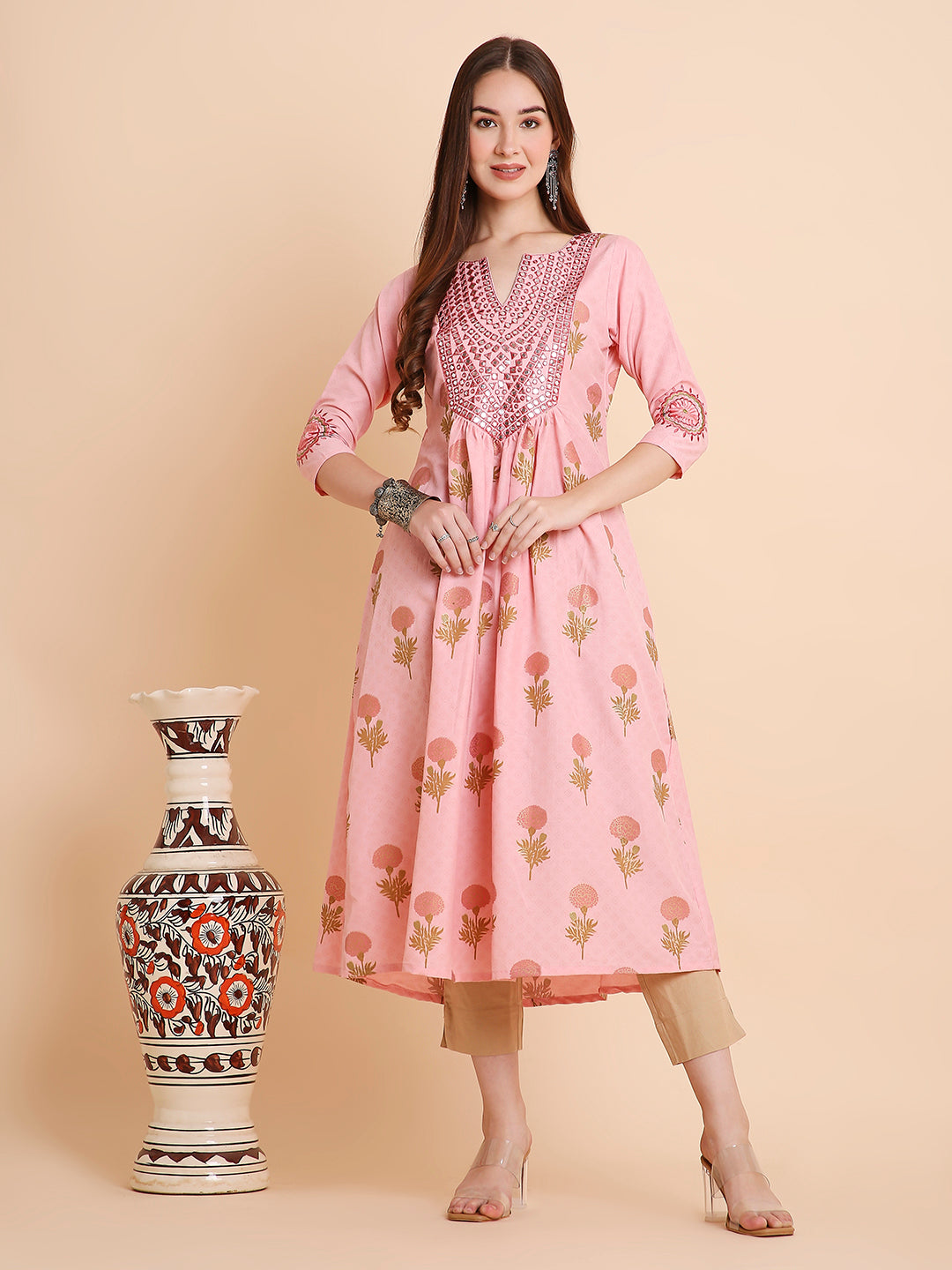 Women's Floral Printed Mirror Embroidery Rayon Ethnicwear Kurta