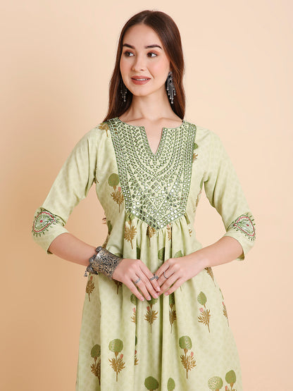 RATAN Women's Floral Printed Mirror Embroidery Rayon Ethnicwear Kurta