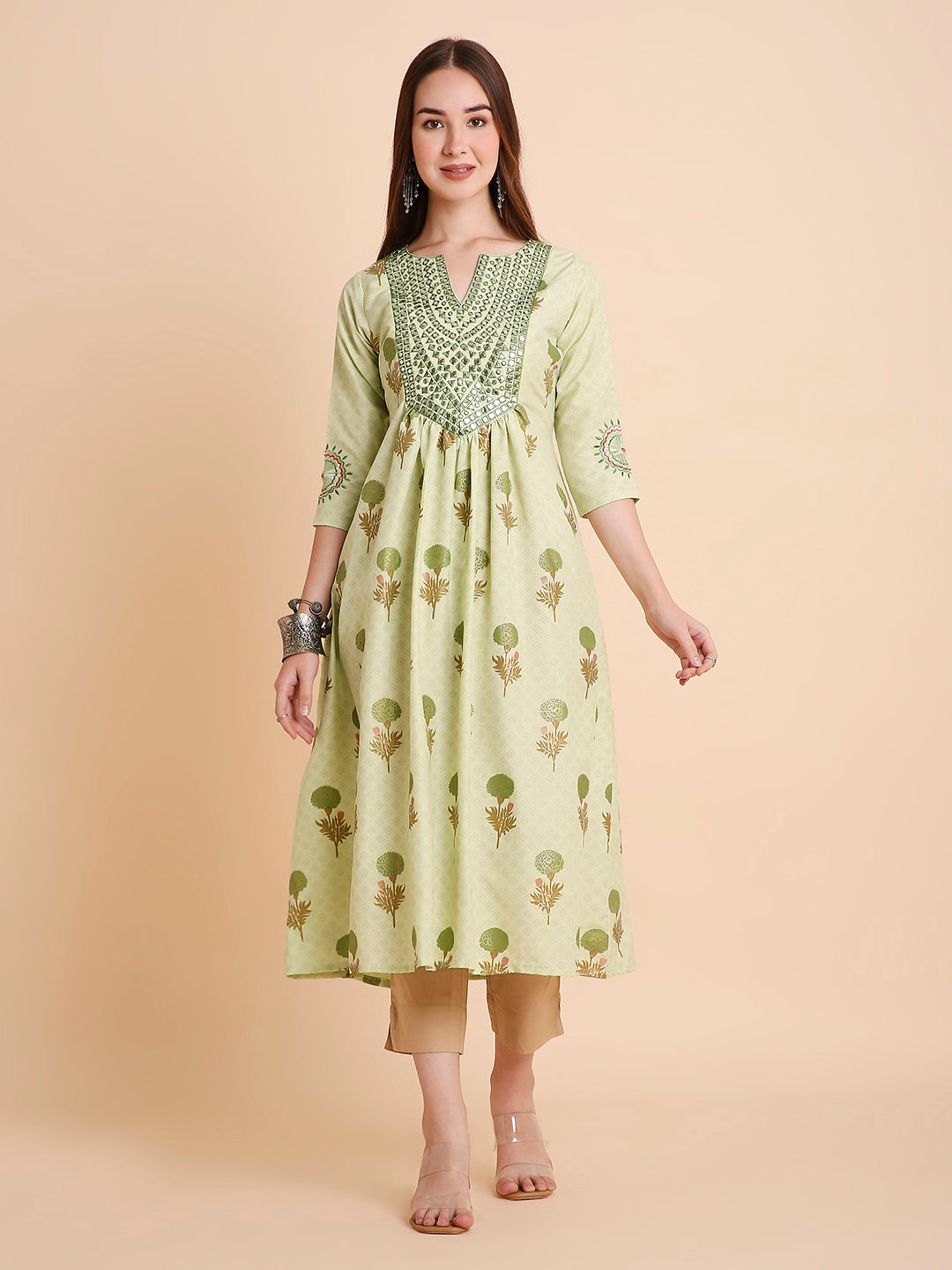 Women's Floral Printed Mirror Embroidery Rayon Ethnicwear Kurta