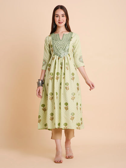 RATAN Women's Floral Printed Mirror Embroidery Rayon Ethnicwear Kurta