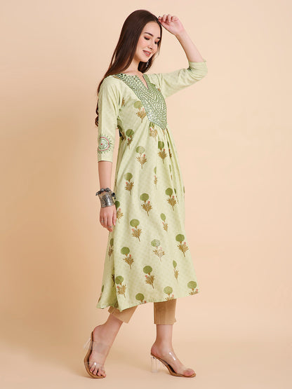 RATAN Women's Floral Printed Mirror Embroidery Rayon Ethnicwear Kurta