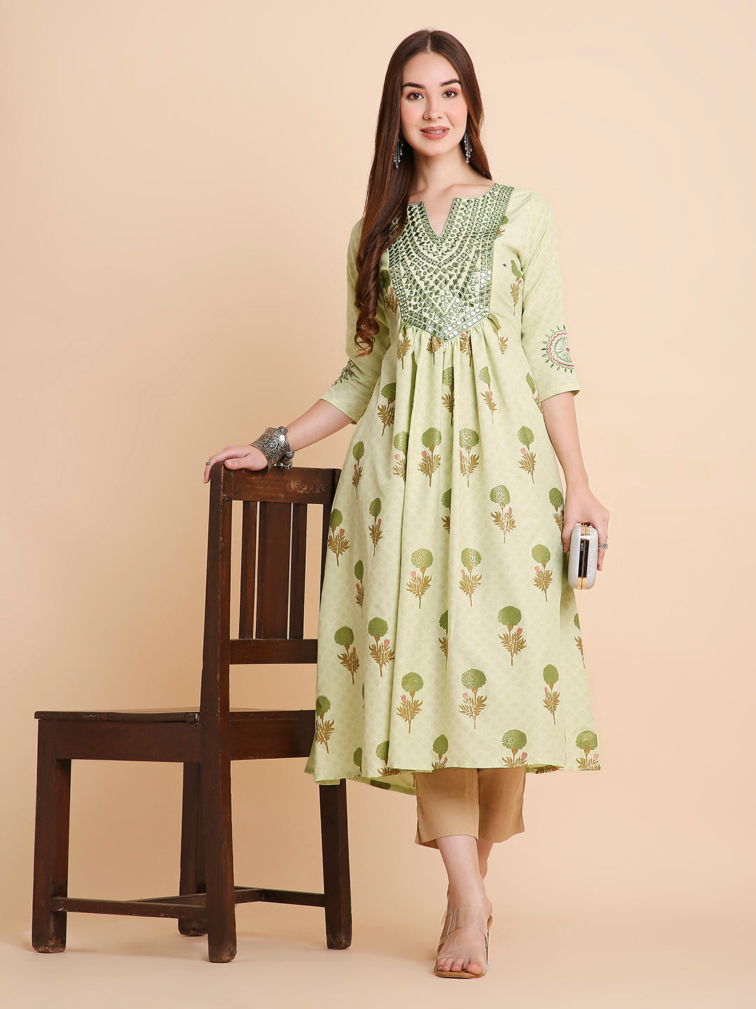 RATAN Women's Floral Printed Mirror Embroidery Rayon Ethnicwear Kurta