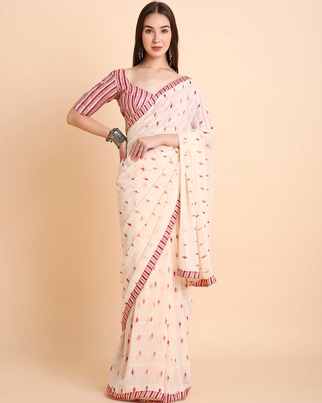 Chiffon Ikat Printed Saree with Unstitched Blouse Piece