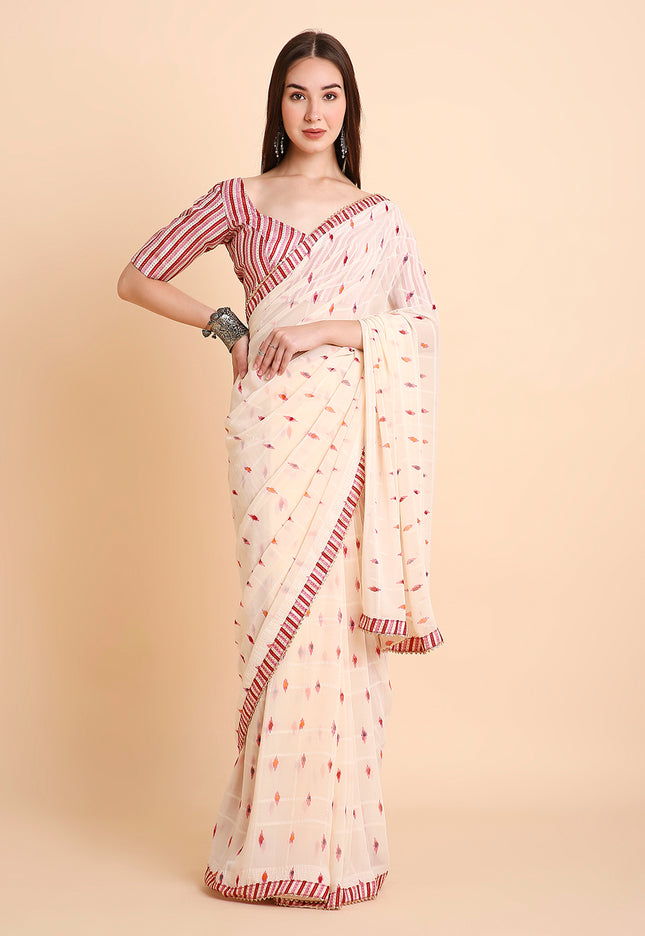 Chiffon Ikat Printed Saree with Unstitched Blouse Piece