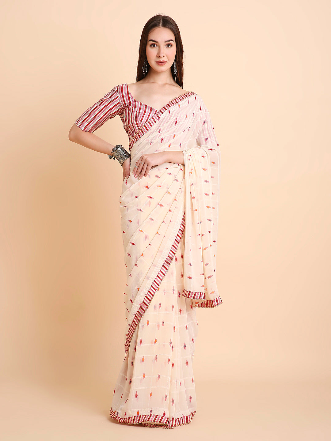 Chiffon Ikat Printed Saree with Unstitched Blouse Piece