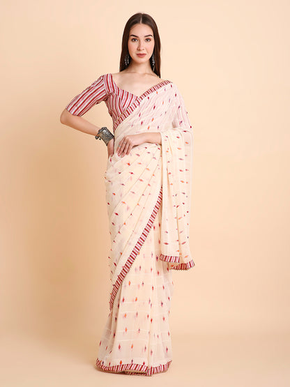 Chiffon Ikat Printed Saree with Unstitched Blouse Piece