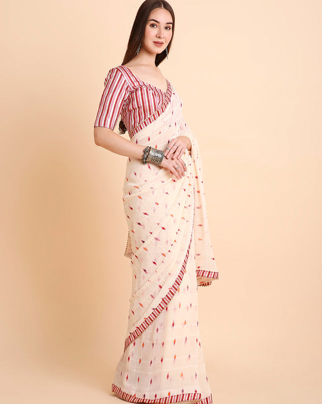 Chiffon Ikat Printed Saree with Unstitched Blouse Piece
