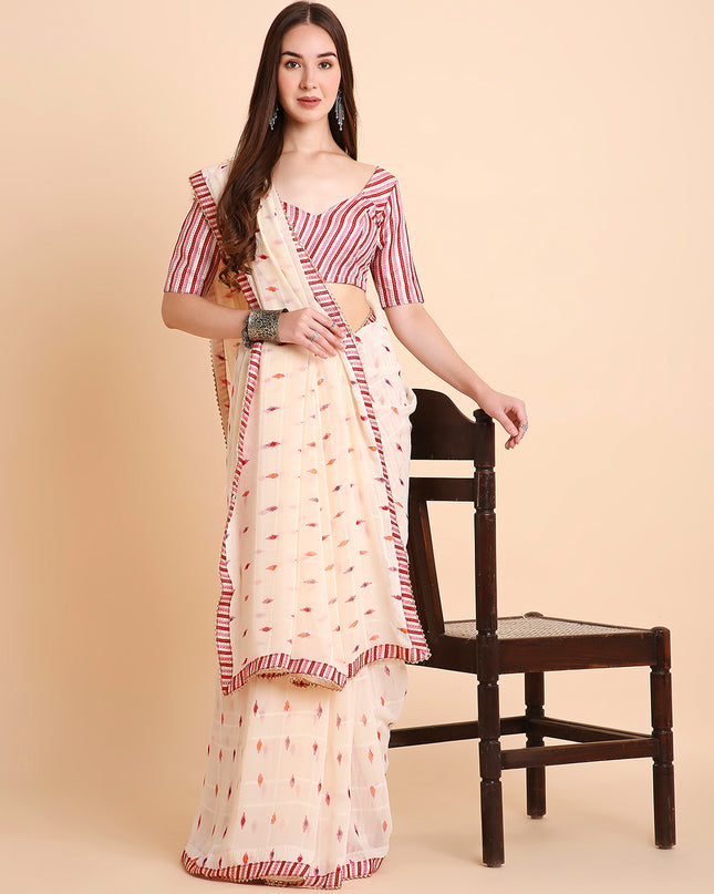 Chiffon Ikat Printed Saree with Unstitched Blouse Piece