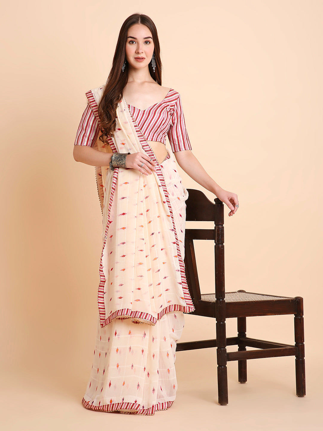 Chiffon Ikat Printed Saree with Unstitched Blouse Piece