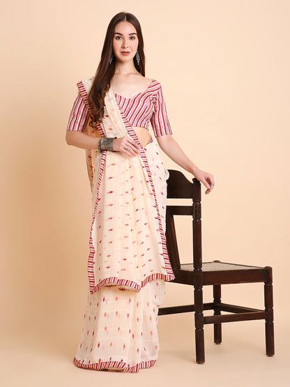 Chiffon Ikat Printed Saree with Unstitched Blouse Piece