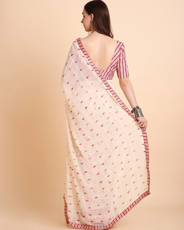Chiffon Ikat Printed Saree with Unstitched Blouse Piece