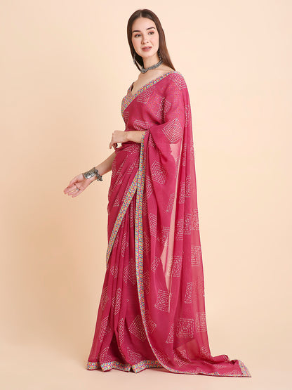 Chiffon Bandhani Printed Saree with Unstitched Blouse Piece