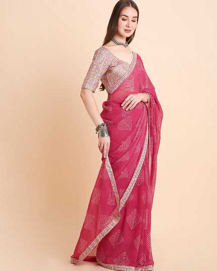 Chiffon Bandhani Printed Saree with Unstitched Blouse Piece