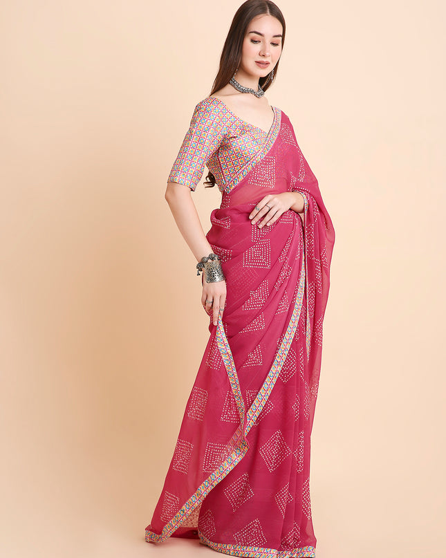 Chiffon Bandhani Printed Saree with Unstitched Blouse Piece
