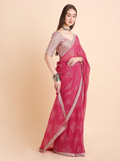 Chiffon Bandhani Printed Saree with Unstitched Blouse Piece
