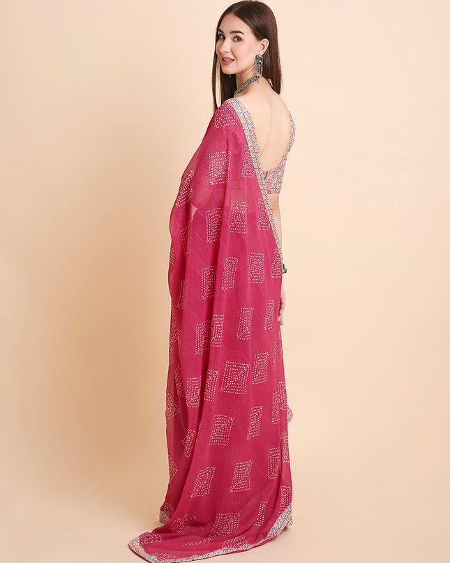 Chiffon Bandhani Printed Saree with Unstitched Blouse Piece