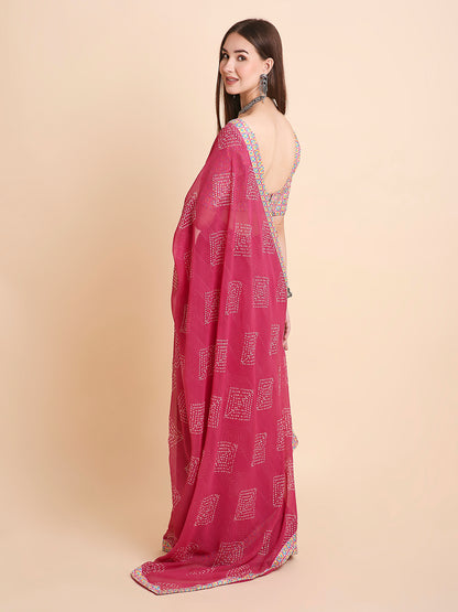 Chiffon Bandhani Printed Saree with Unstitched Blouse Piece