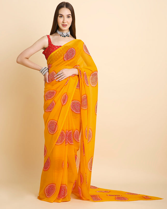 Georgette Bandhani Printed Saree with Unstitched Blouse Piece