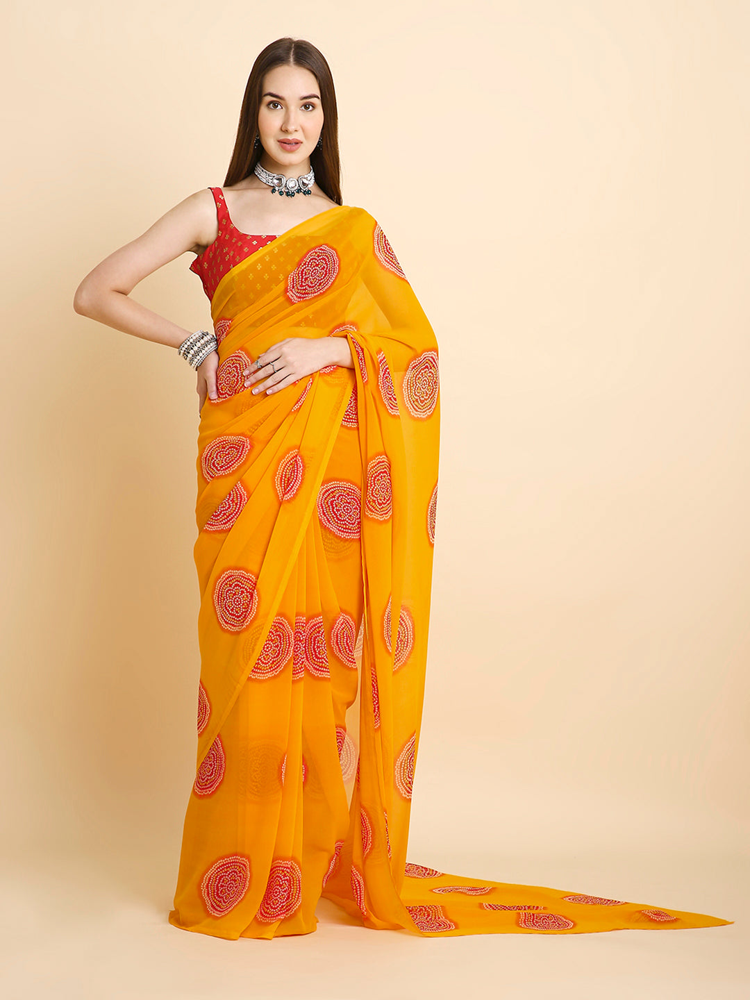 Georgette Bandhani Printed Saree with Unstitched Blouse Piece