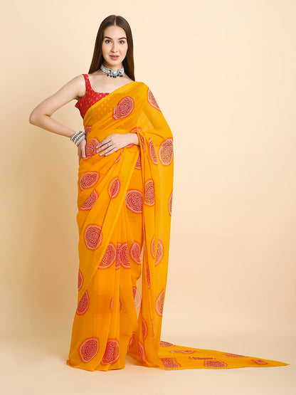 Georgette Bandhani Printed Saree with Unstitched Blouse Piece