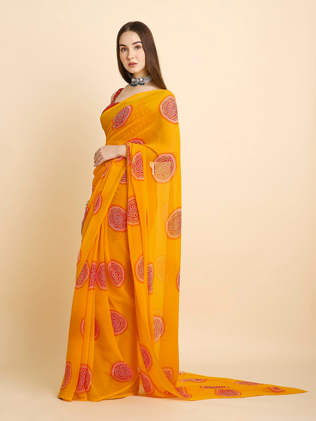 Georgette Bandhani Printed Saree with Unstitched Blouse Piece