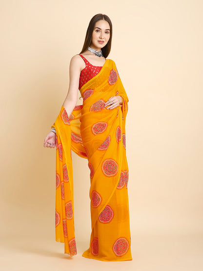 Georgette Bandhani Printed Saree with Unstitched Blouse Piece