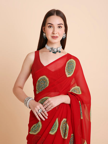 Georgette Bandhani Printed Saree with Unstitched Blouse Piece
