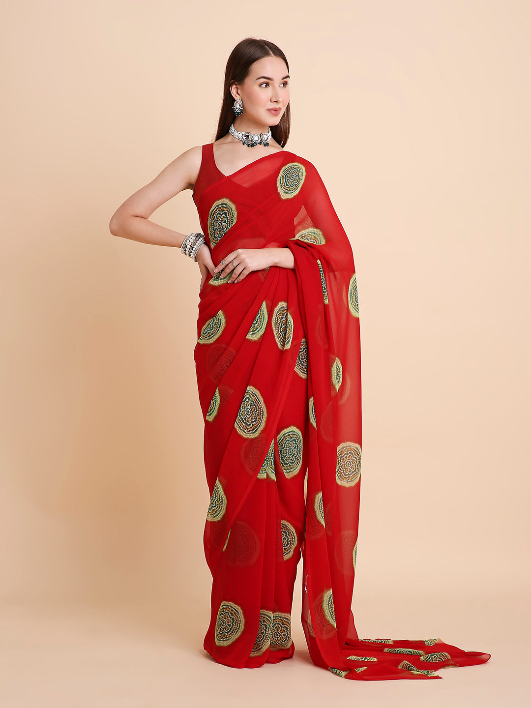 Georgette Bandhani Printed Saree with Unstitched Blouse Piece