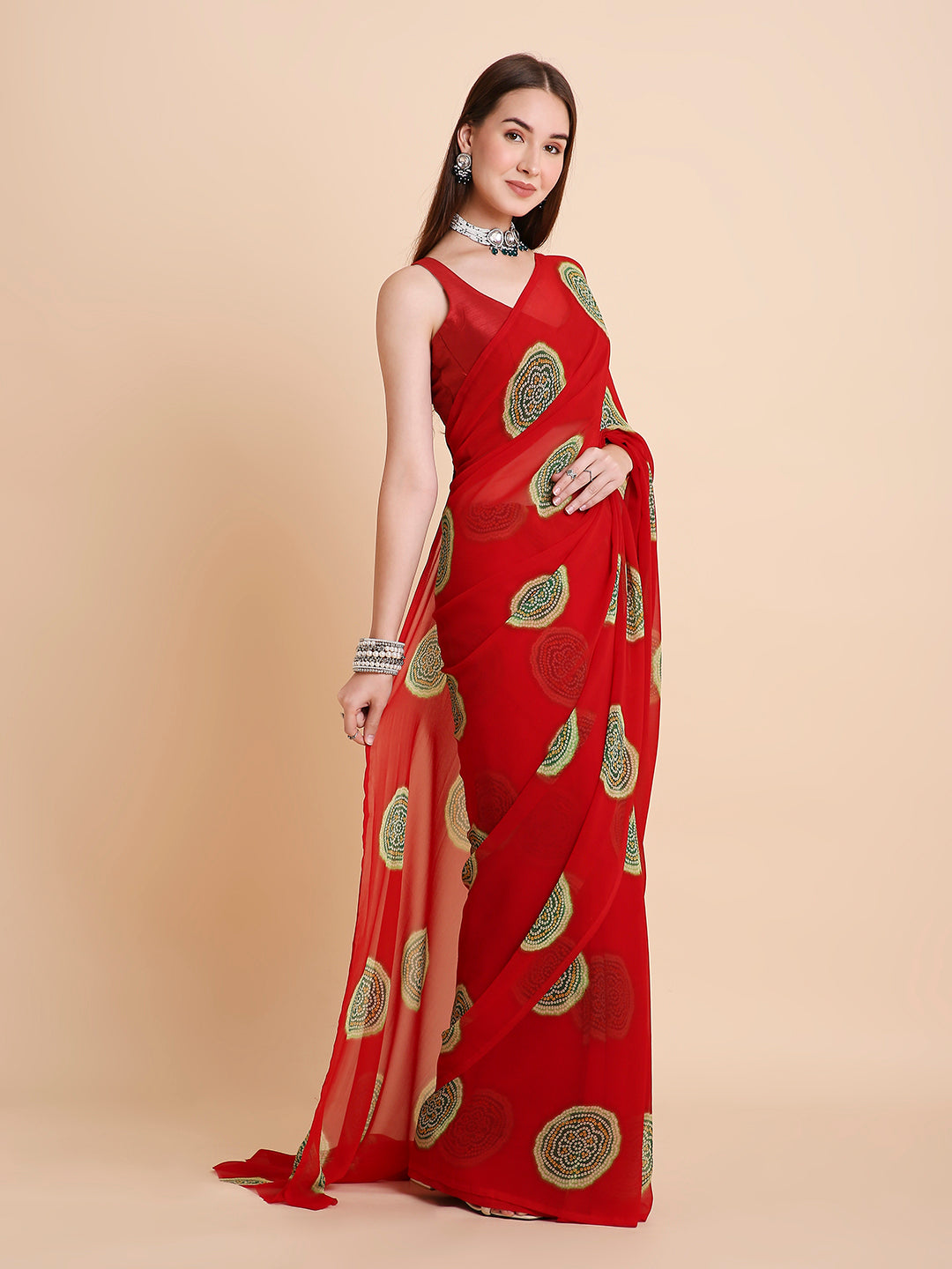 Georgette Bandhani Printed Saree with Unstitched Blouse Piece