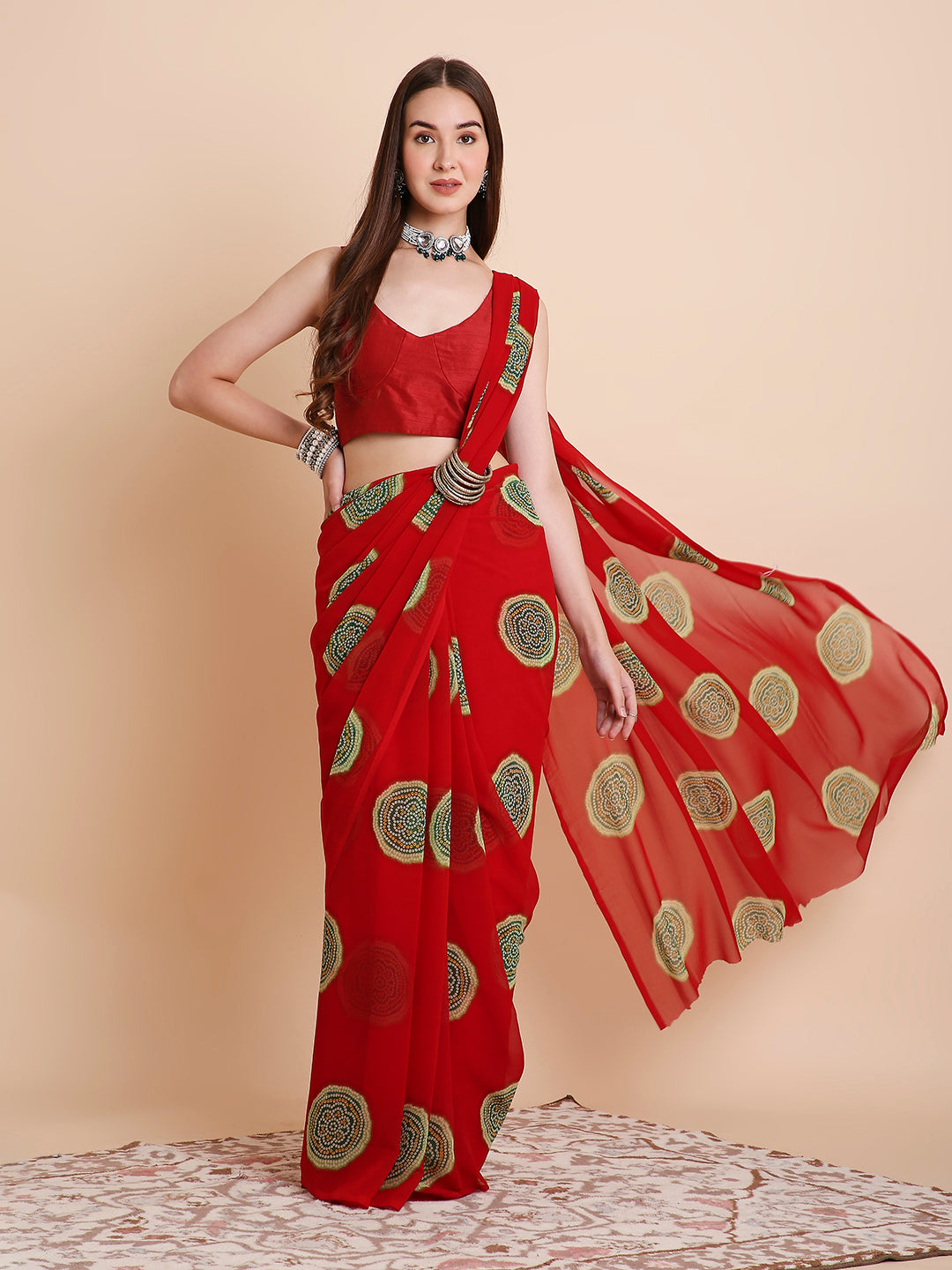 Georgette Bandhani Printed Saree with Unstitched Blouse Piece