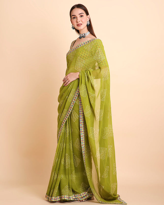 Chiffon Bandhani Printed Saree with Unstitched Blouse Piece