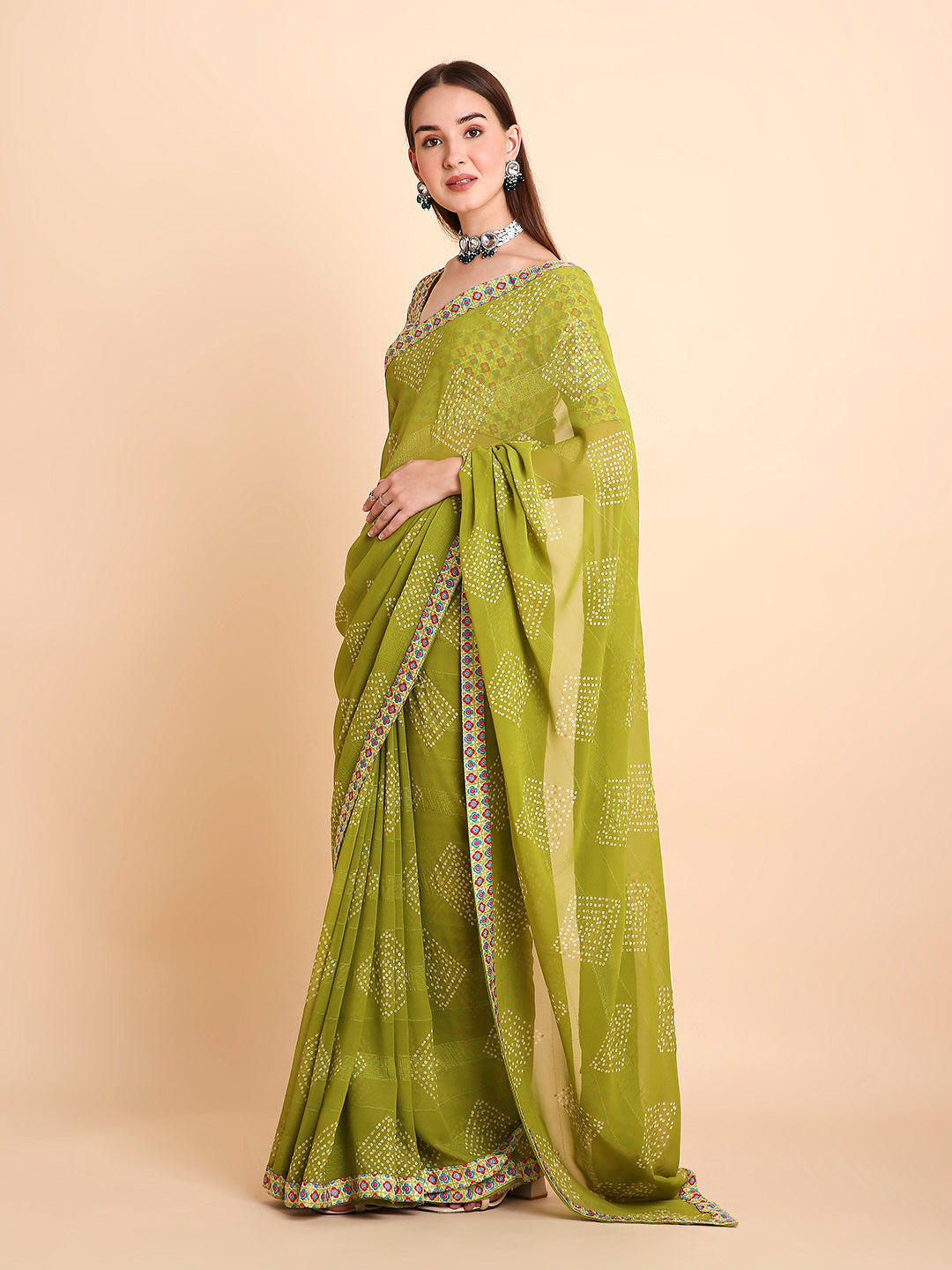 Chiffon Bandhani Printed Saree with Unstitched Blouse Piece