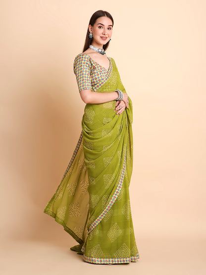 Chiffon Bandhani Printed Saree with Unstitched Blouse Piece