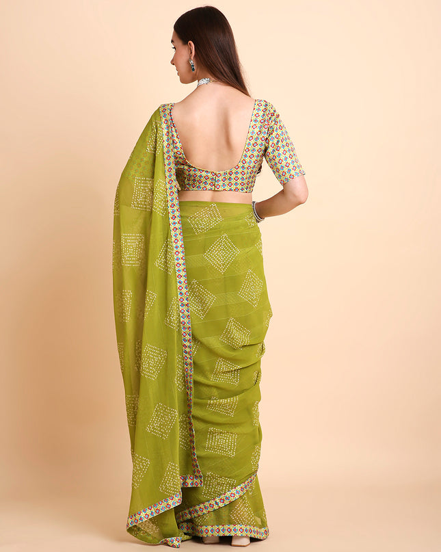 Chiffon Bandhani Printed Saree with Unstitched Blouse Piece