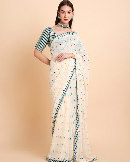 Chiffon Ikat Printed Saree with Unstitched Blouse Piece
