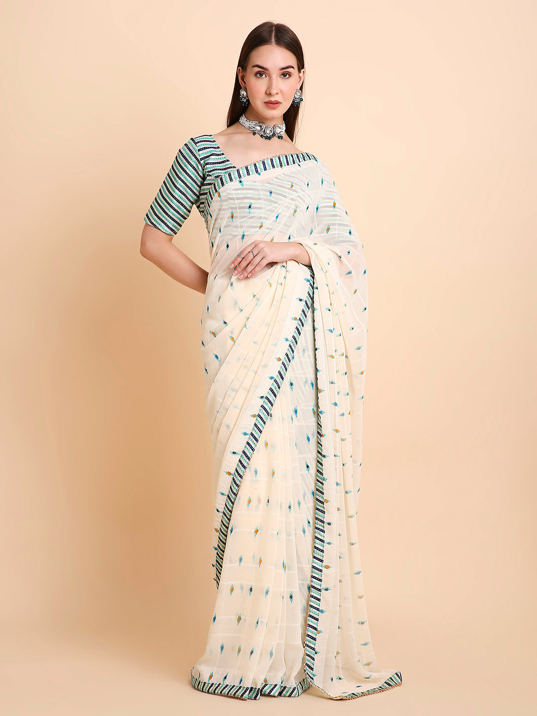 Chiffon Ikat Printed Saree with Unstitched Blouse Piece
