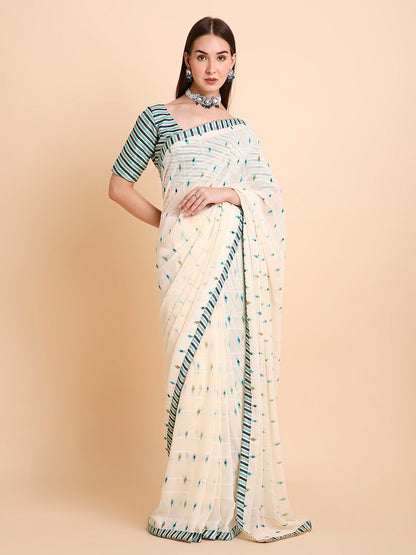 Chiffon Ikat Printed Saree with Unstitched Blouse Piece