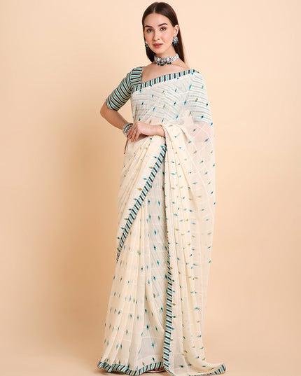 Chiffon Ikat Printed Saree with Unstitched Blouse Piece