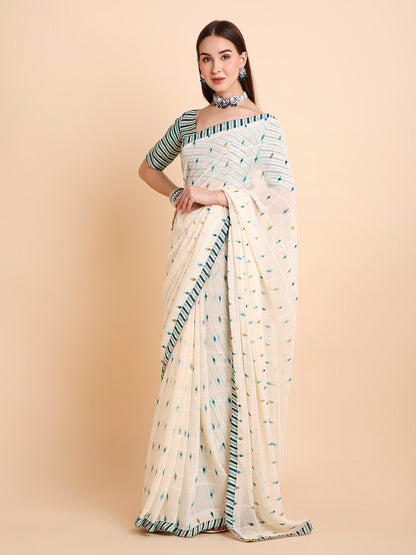 Chiffon Ikat Printed Saree with Unstitched Blouse Piece