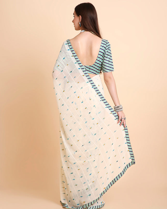 Chiffon Ikat Printed Saree with Unstitched Blouse Piece