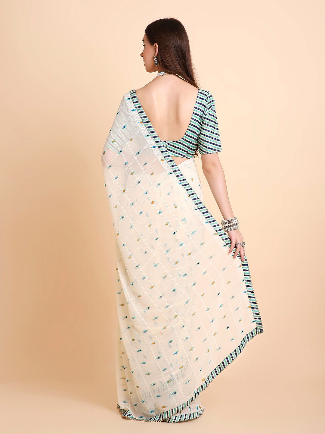 Chiffon Ikat Printed Saree with Unstitched Blouse Piece